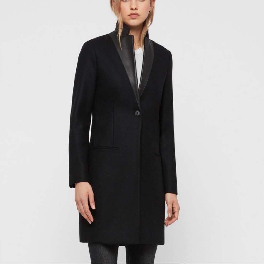 All saints - women’s Leni black wool blend Coat genuine leather collar Jacket 10